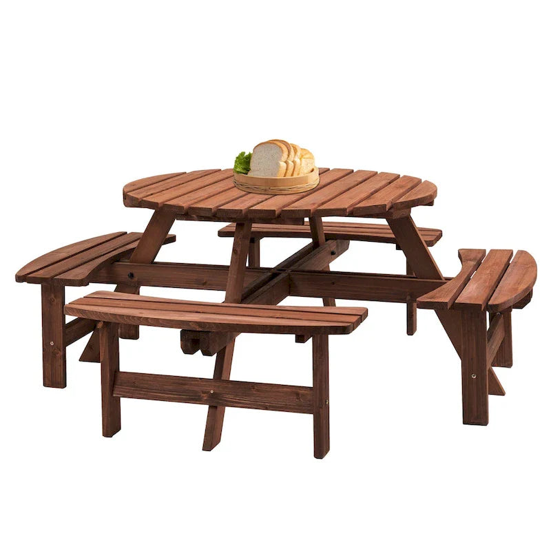 Set da pranzo rotondo da picnic per 8 persone in legno di abete da esterno con 4 panche integrate e foro per ombrellone