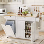 Tavolo da cucina mobile con isola da 55" con presa di corrente e anta a ribalta, carrello da cucina con isola su ruote e armadietto per pattumiera per la cucina