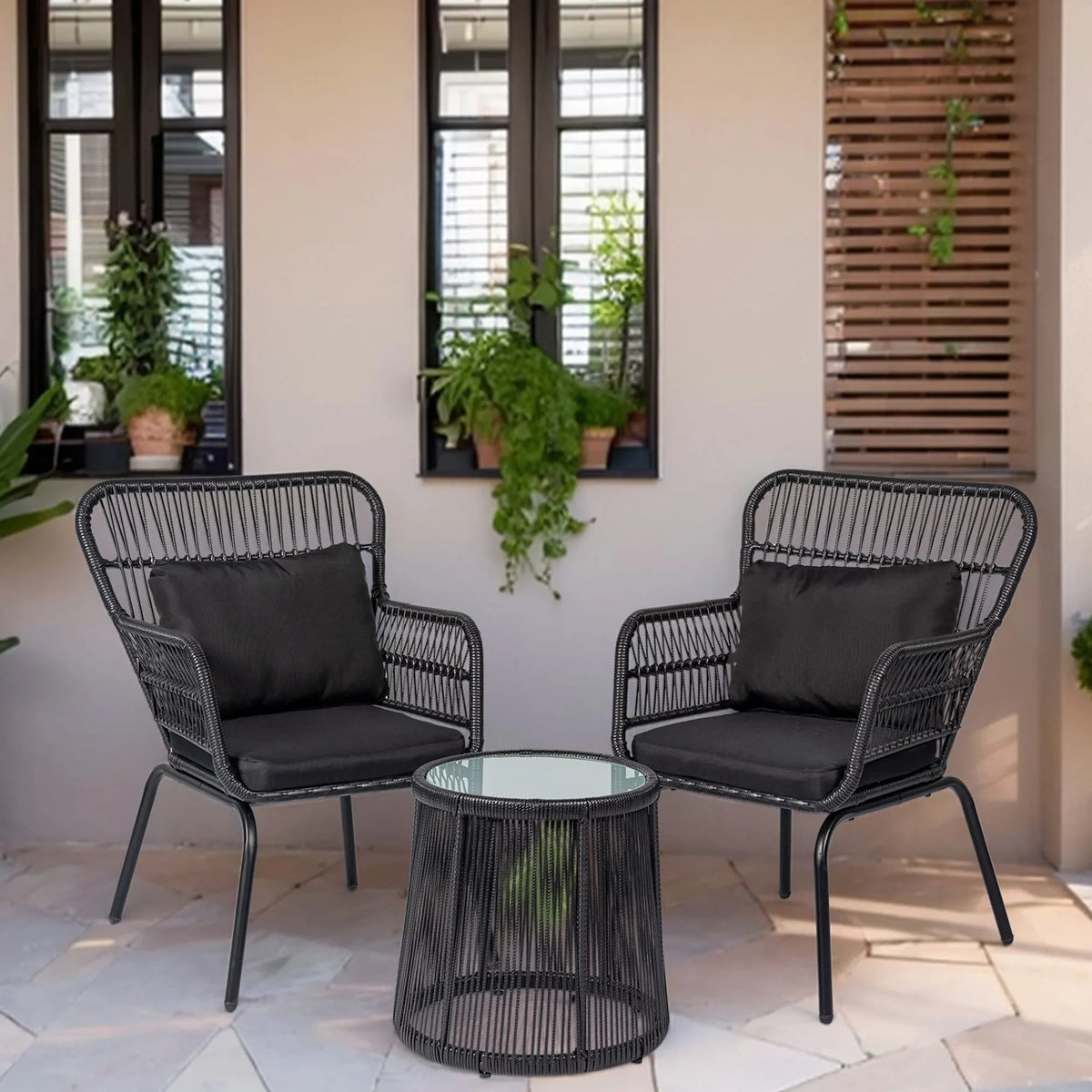 Set da Bistrò per Conversazione da Esterno a 3 Pezzi in Vimini, Set di Sedie da Patio in Rattan per Tutte le Stagioni con Cuscini