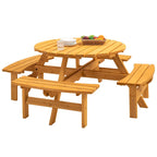 Set da pranzo rotondo da picnic per 8 persone in legno di abete da esterno con 4 panche integrate e foro per ombrellone