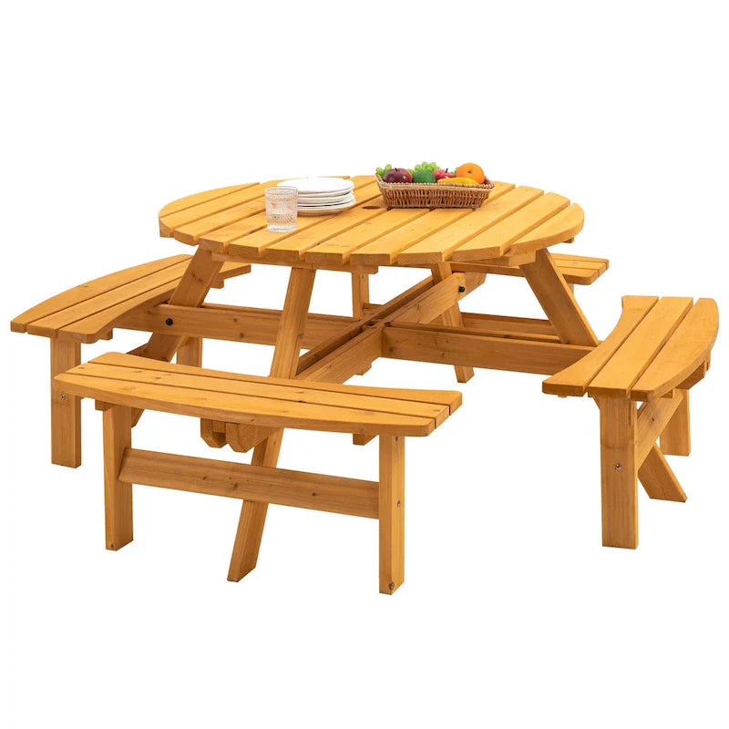 Set da pranzo rotondo da picnic per 8 persone in legno di abete da esterno con 4 panche integrate e foro per ombrellone