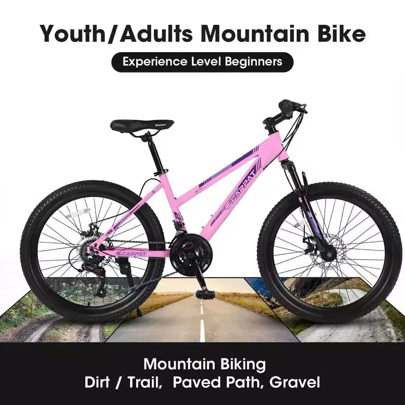 Okak Bici da montagna 24/26 pollici con 21 velocità e freni a doppio disco, bicicletta per bambini con sospensione anteriore da 100 mm, Dirt Bike per adolescenti e donne