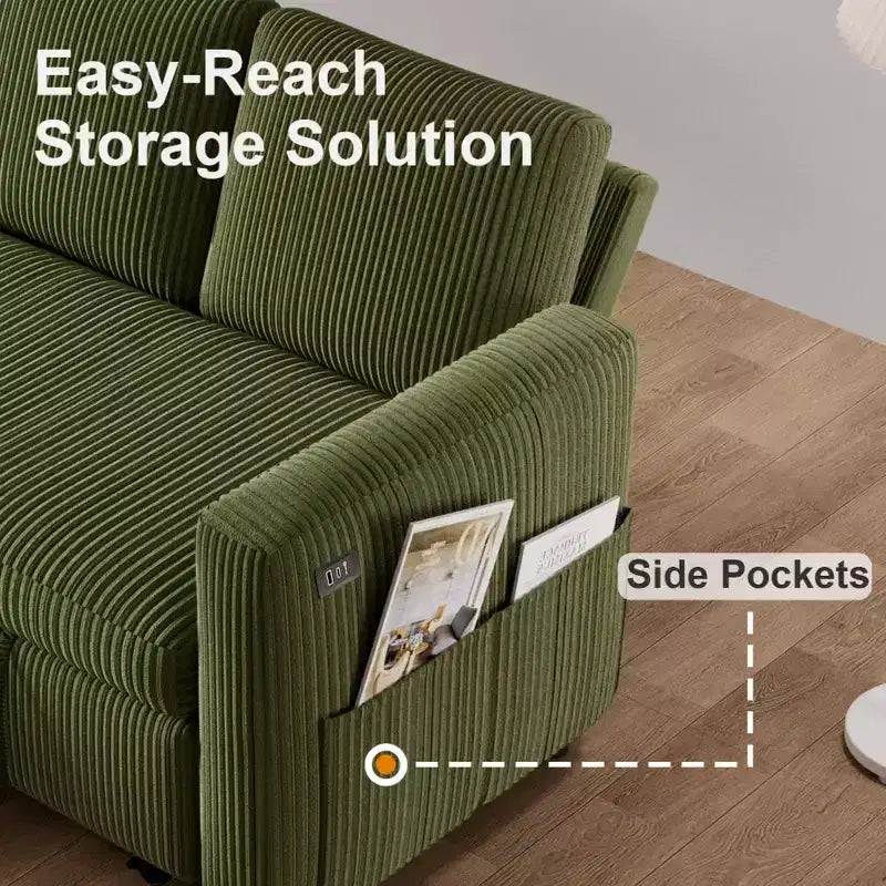Divano Letto Estraibile 2 in 1 Dyonery con Chaise Longue Contenitore e USB, Divano Angolare in Velluto a Coste per Soggiorno