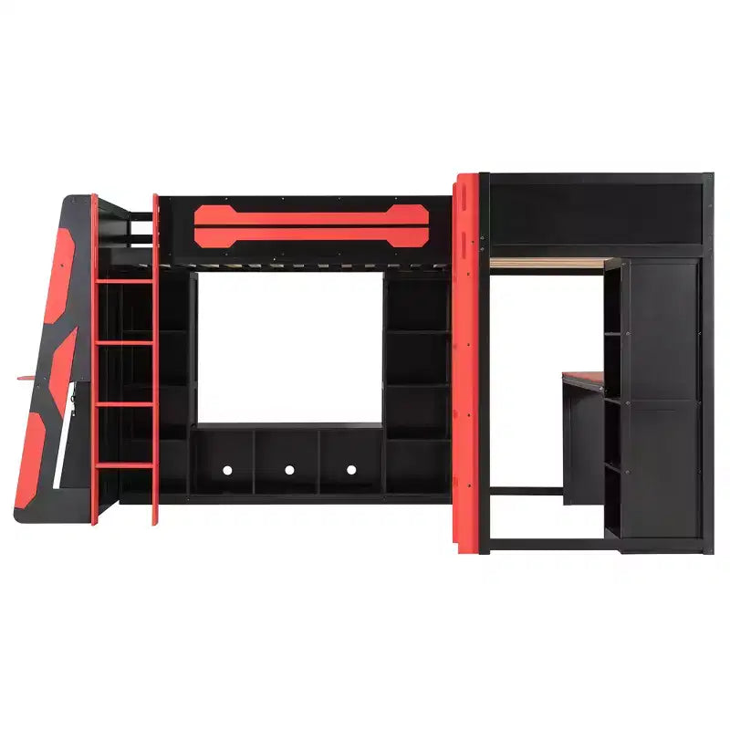 Letto a soppalco a L da gaming con scrivanie, letti a soppalco doppi con luci LED, porte USB, scaffali portaoggetti, letto a soppalco ad angolo in legno per 2