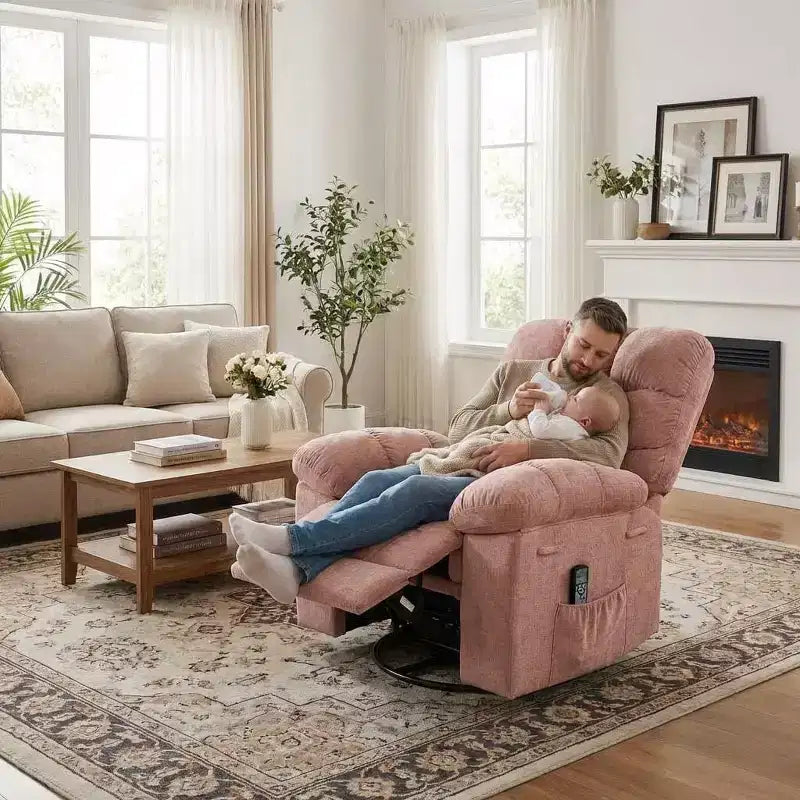 Poltrona Reclinabile Massaggiante con Calore - Girevole a 360°, Dondolo, Divano Singolo Oversize con Vibrazione, USB e Tasche Contenitore per Soggiorno/Camera da Letto