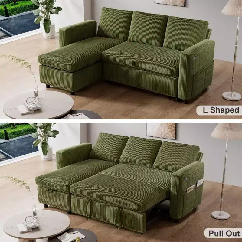 Divano Letto Estraibile 2 in 1 Dyonery con Chaise Longue Contenitore e USB, Divano Angolare in Velluto a Coste per Soggiorno