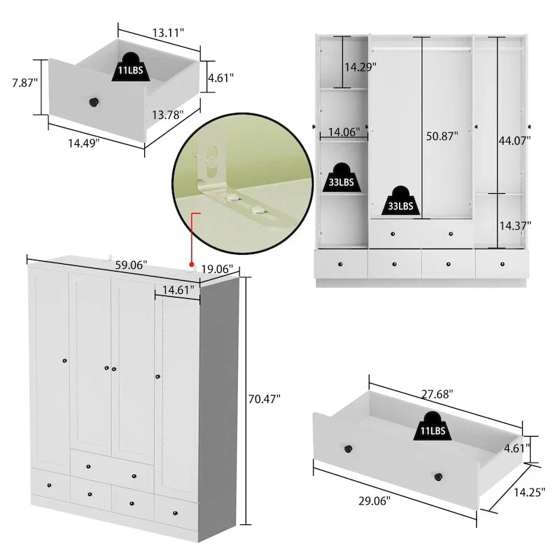 Armadio guardaroba cabina armadio 59W grande armadio indipendente bianco