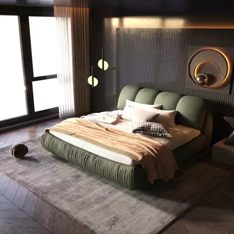 MAYEERTY Letto a Piattaforma Queen Size di Lusso Rivestito in Tessuto con Testiera Imbottita Oversize e Struttura in Legno Massello Verde