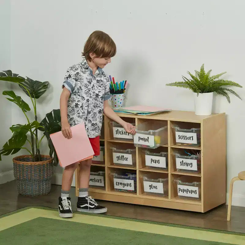 Mobile Cubby con vassoio e 15 contenitori frontali a paletta, 3x4, Arredamento per bambini