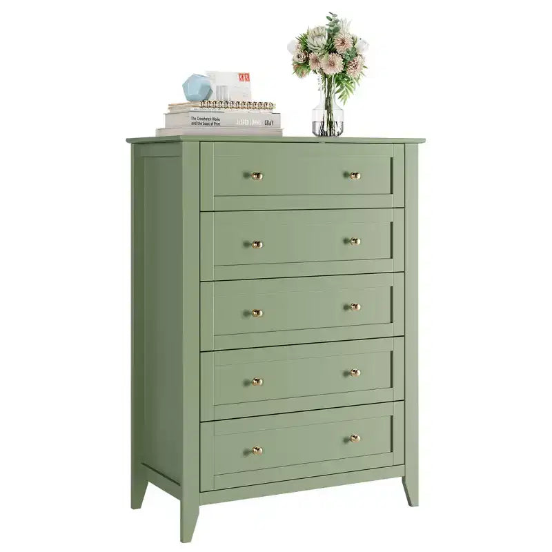 Comò a 5 cassetti alto 108 cm per camera da letto, mobile contenitore in legno con cassetti profondi 30 cm e pomelli in metallo dorato, ideale per ingresso o corridoio
