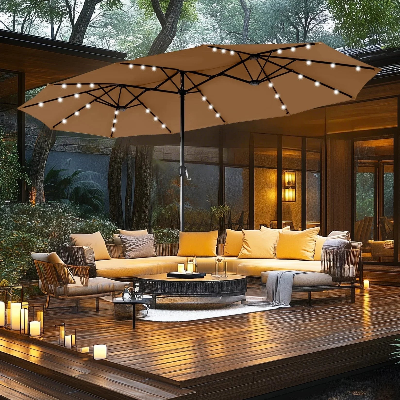 MAISON ARTS Ombrellone rettangolare da esterno a manovella con doppia falda da 4,5 metri, con luci a LED solari e base inclusa