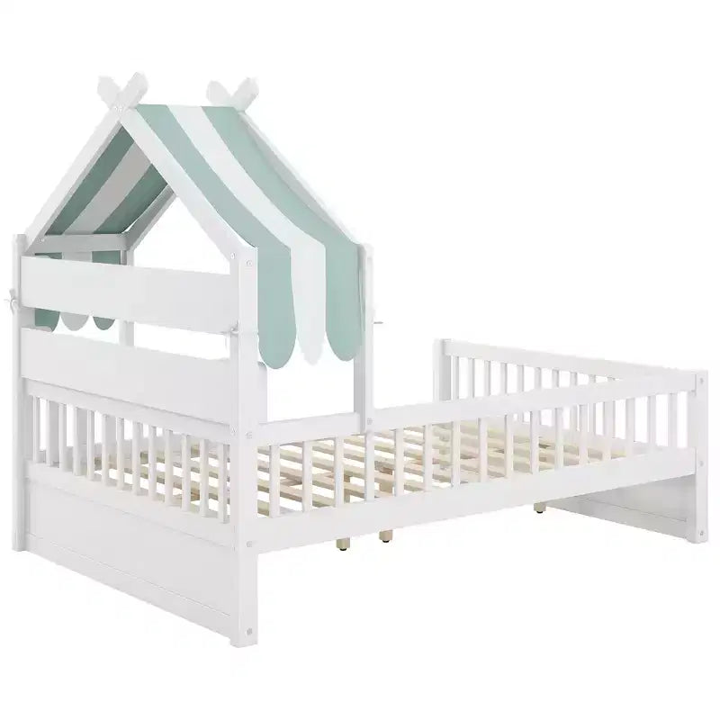 Letto a Capanna ModernLuxe per Bambini, Misura Singola/Piazza e Mezza, in Legno con Testiera Contenitore, Struttura in Pino Massiccio con Sponde di Protezione