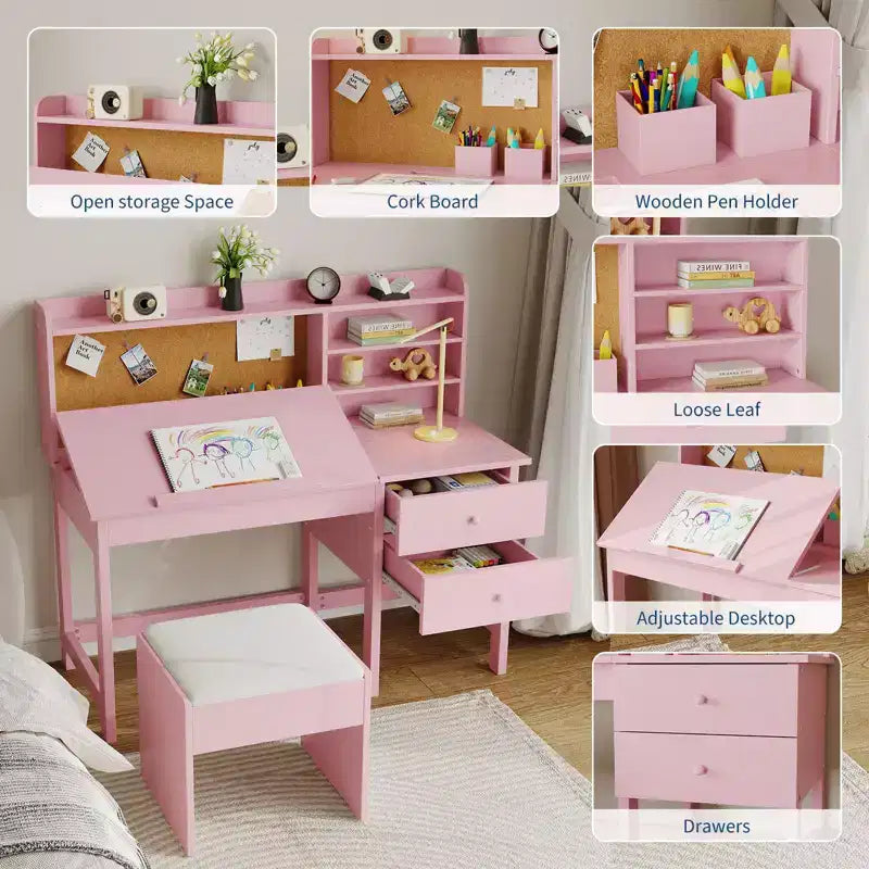 Set scrivania e sedia per bambini, tavolo da studio in legno con piano inclinabile regolabile, cassetti e bacheca in sughero - Set scrivania per lo studio dei bambini