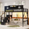 Letto a soppalco ModernLuxe matrimoniale/queen size con scale e armadio integrato, struttura letto in metallo con luci a LED, stazione di ricarica USB e ripiani portaoggetti