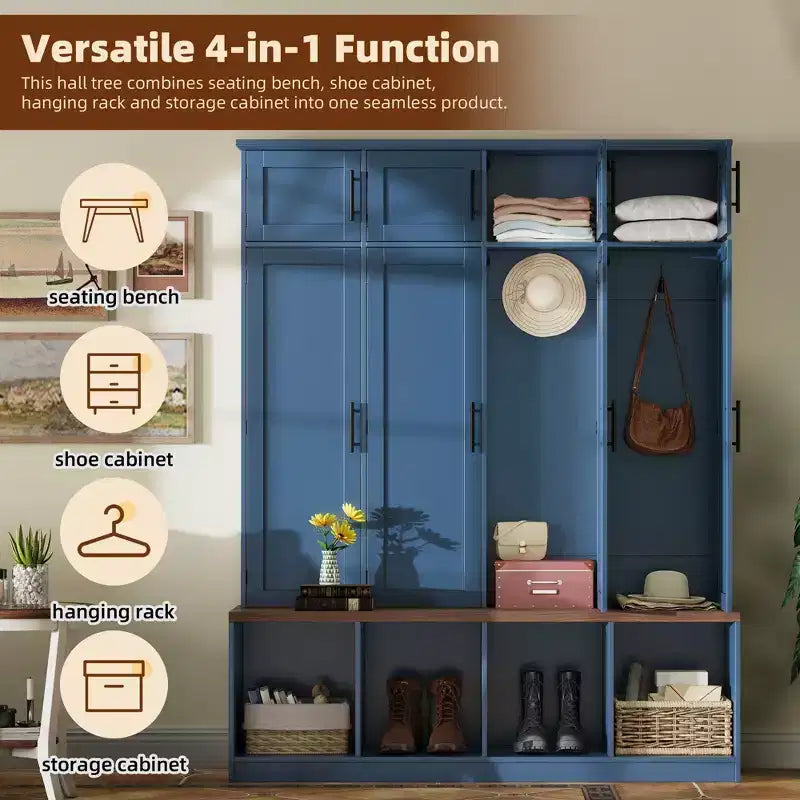 Il mobile da ingresso Misty Moon Farmhouse Blue con 4 ganci nascosti e panca versatile in noce con 8 ante