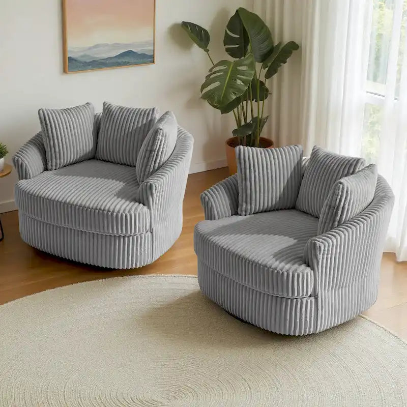Set di 2 Poltrone Girevoli a Barilotto Oversize da 43" in Velluto a Coste Felpato con Cuscini