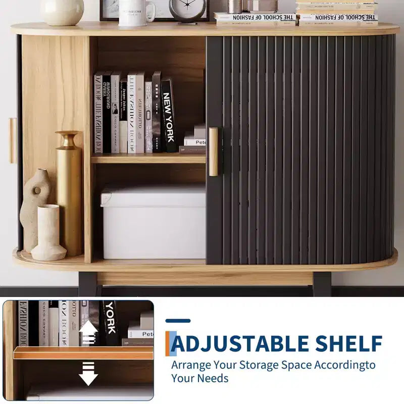 Mobile credenza a coste da 40'', armadio contenitore con anta scorrevole e ripiano regolabile, credenze moderne, mobile bar a serrandina