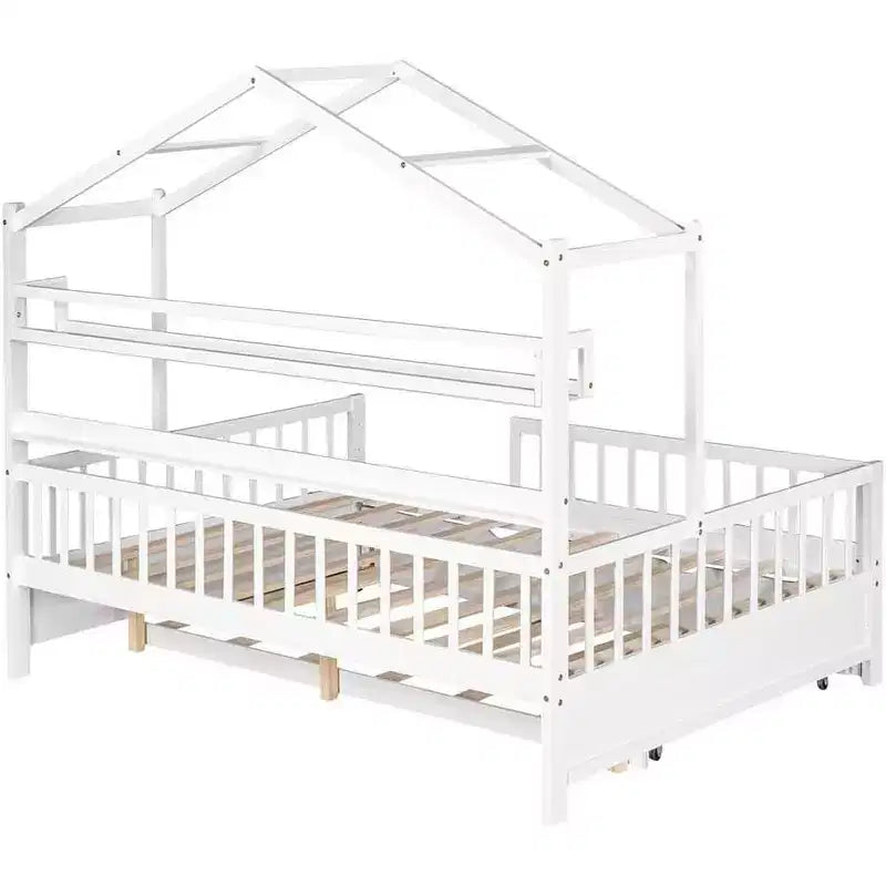 Acekool Letto a capanna a grandezza naturale con letto estraibile singolo, cassetti e ripiani portaoggetti, tetto e recinzione, letto a piattaforma per bambini, bianco