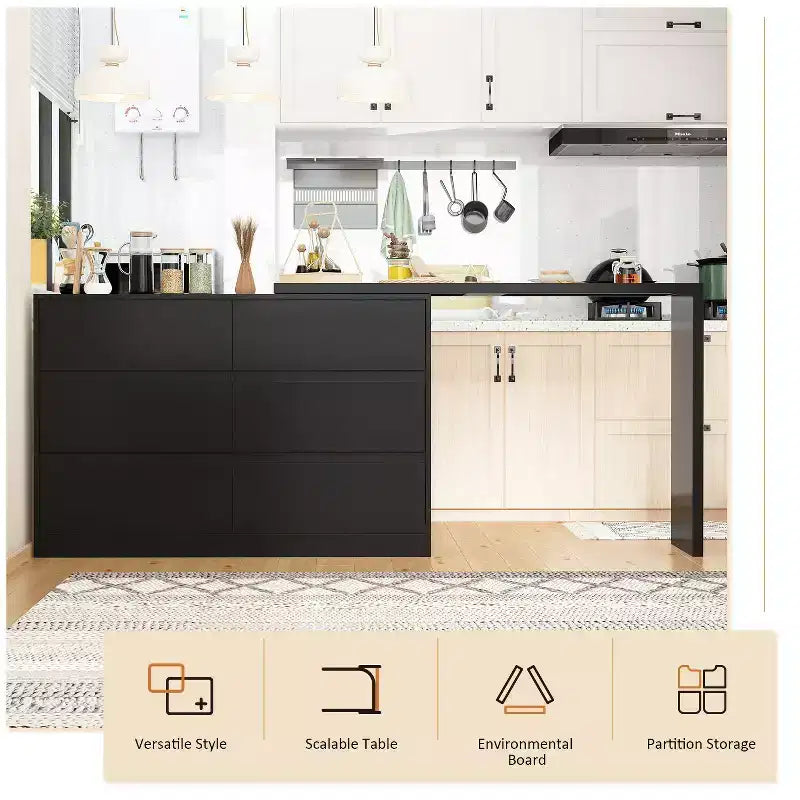 Credenza/Mobile Buffet Intelligente Girevole/Allungabile con 6 Cassetti, Piano d'Appoggio Estensibile, Tappetino Antiscivolo, Tavolo da Pranzo Girevole, Dispensa ad Isola per Cucina