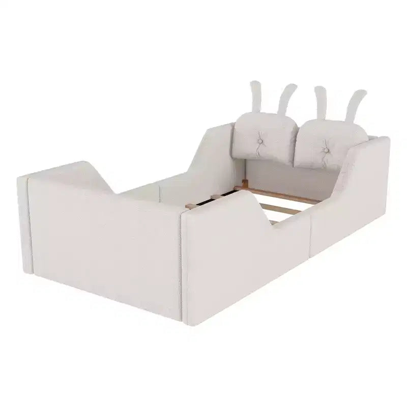 Whisen Twin - Letto a piattaforma, Letto imbottito da pavimento per bambini con cuscino a coniglio, Sponde laterali rimovibili