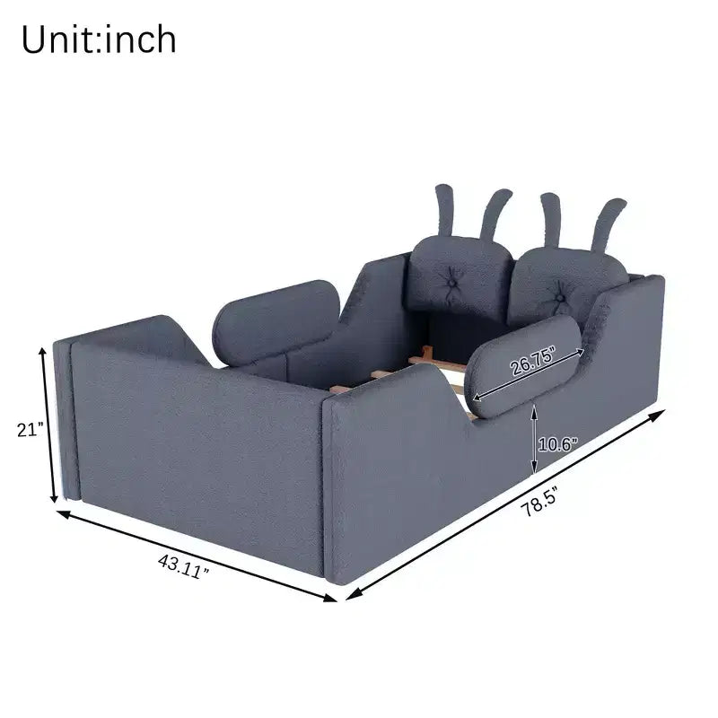 Whisen Twin - Letto a piattaforma, Letto imbottito da pavimento per bambini con cuscino a coniglio, Sponde laterali rimovibili