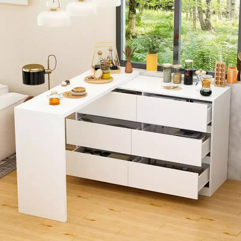 Credenza/Mobile Buffet Intelligente Girevole/Allungabile con 6 Cassetti, Piano d'Appoggio Estensibile, Tappetino Antiscivolo, Tavolo da Pranzo Girevole, Dispensa ad Isola per Cucina