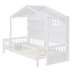 Letto a capanna per bambini con scaffali e sponde, Struttura letto in legno stile Montessori per bambini con finestra e striscia luminosa scintillante
