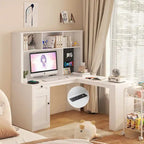 Scrivania a L con presa di corrente, scrivania per computer con cassetti, libreria e mobiletto, scrivania angolare moderna, scrivania per ufficio domestico