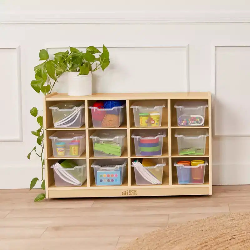 Mobile Cubby con vassoio e 15 contenitori frontali a paletta, 3x4, Arredamento per bambini