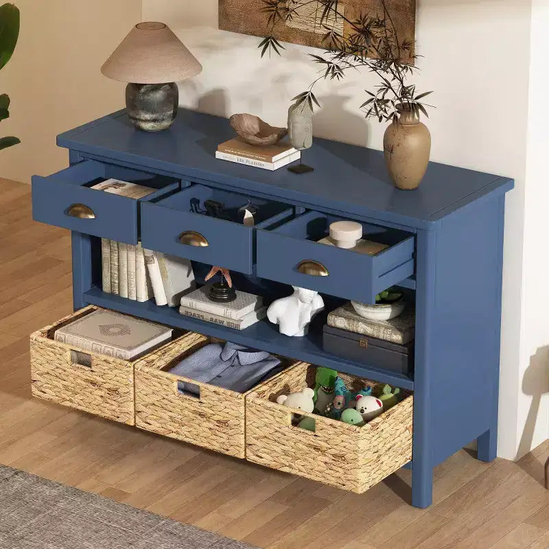 Consolle da Ingresso con Contenitore, Tavolo da Ingresso Stile Rustico con 3 Cassetti e 3 Cesti in Giacinto d'Acqua per Soggiorno o Ingresso - Panipeachy