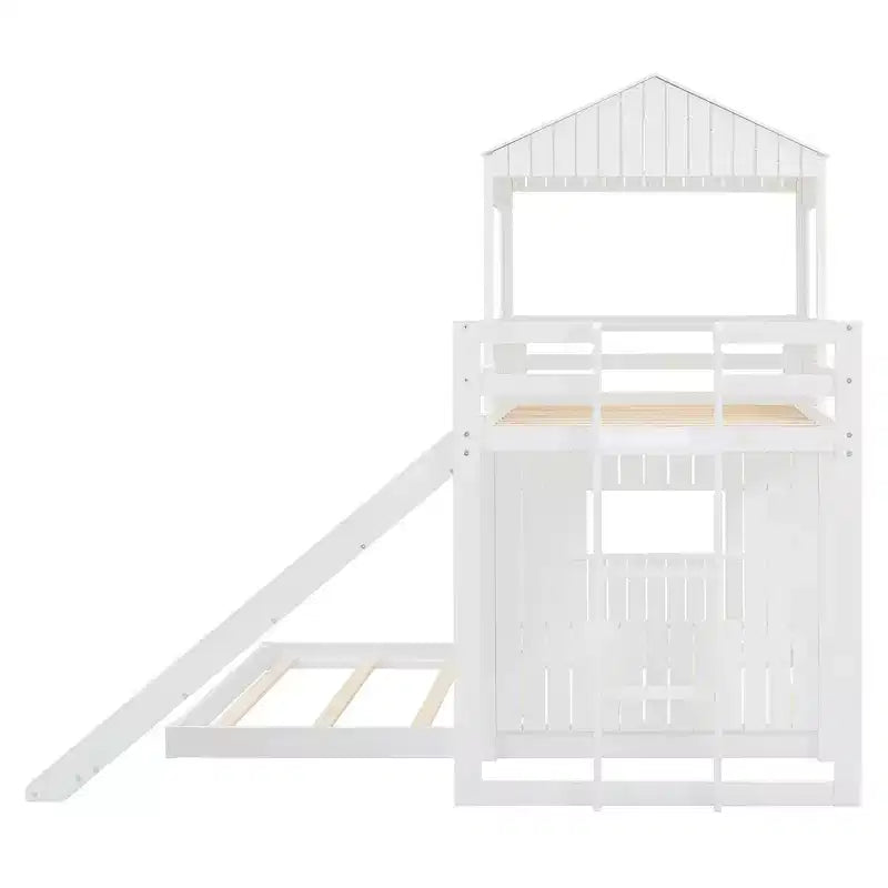 Letto a castello in legno Luxystar Twin Over Full con casetta da gioco, scivolo e sponde di protezione