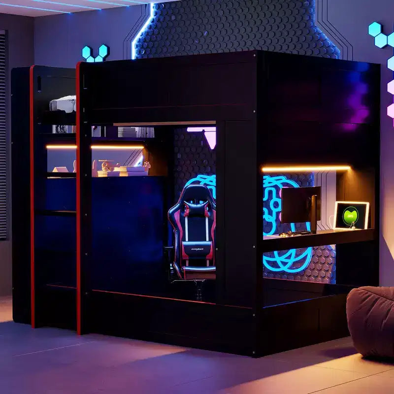 Letto a castello da gaming in legno a grandezza naturale con scrivania integrata, mensole, luci LED a 7 colori e stazione di ricarica, nero - ModernLuxe