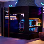 Letto a castello da gaming in legno a grandezza naturale con scrivania integrata, mensole, luci LED a 7 colori e stazione di ricarica, nero - ModernLuxe