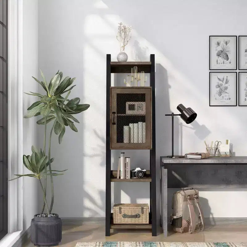 Libreria Torre Multimediale a 2 Ripiani Kolher Marrone: Stile Rustico, 6 Livelli, Contenitore Aperto e Regolabile