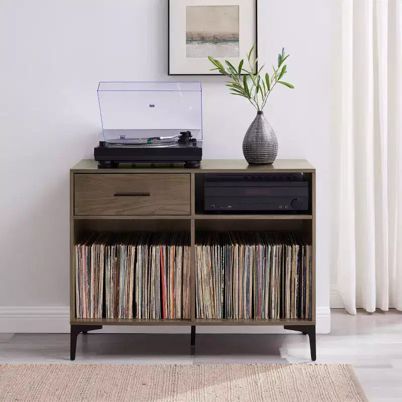 Mobile multimediale 40" Sydney Record Storage Noce: Portadischi in vinile, mobile multimediale con ripiani aperti