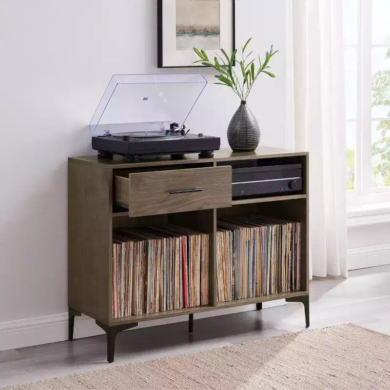 Mobile multimediale 40" Sydney Record Storage Noce: Portadischi in vinile, mobile multimediale con ripiani aperti