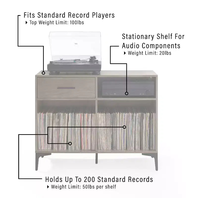 Mobile multimediale 40" Sydney Record Storage Noce: Portadischi in vinile, mobile multimediale con ripiani aperti