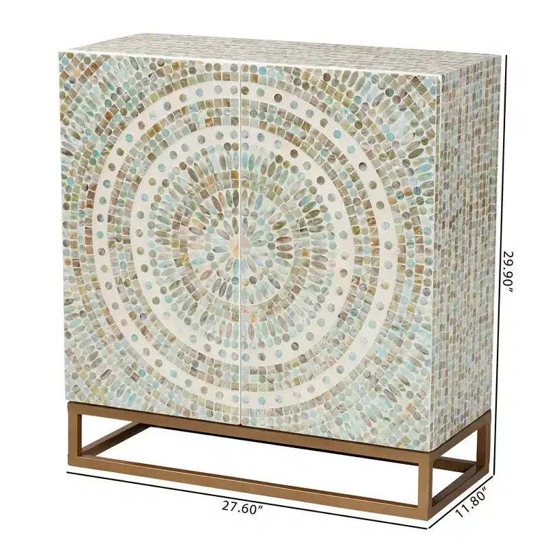 Mobiletto contenitore Quintus in madreperla e metallo mosaico/bianco/oro: accento elegante, ripiani fissi, nessun montaggio richiesto