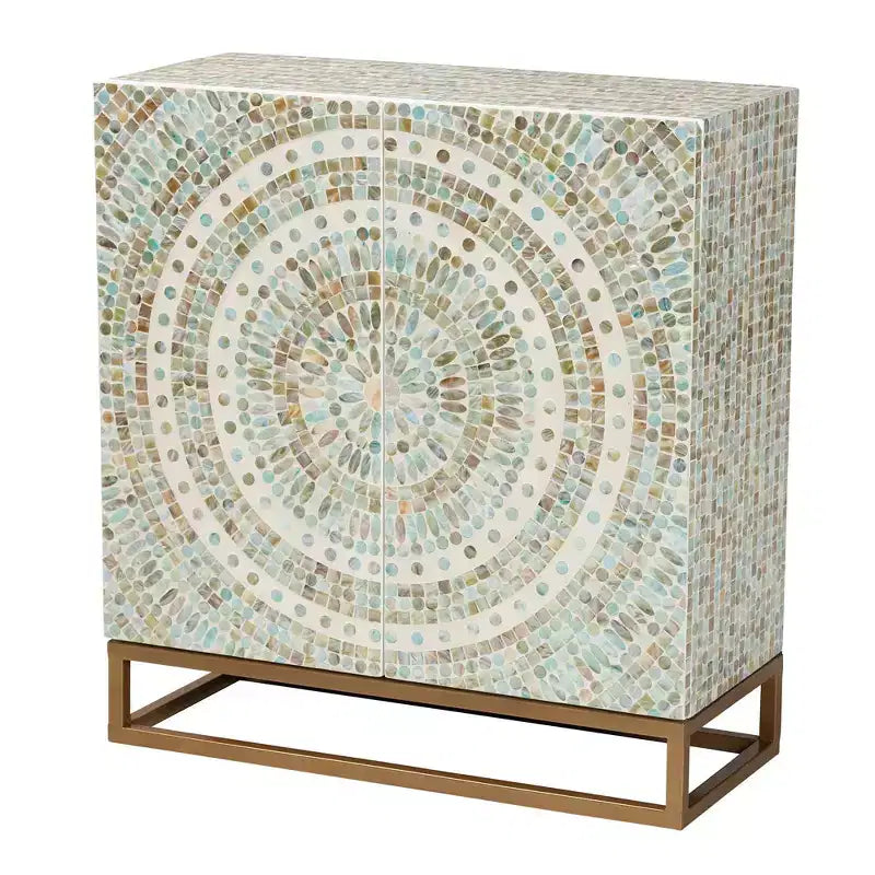 Mobiletto contenitore Quintus in madreperla e metallo mosaico/bianco/oro: accento elegante, ripiani fissi, nessun montaggio richiesto