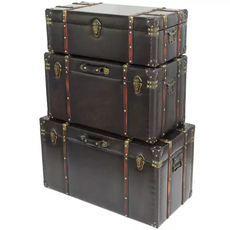 Baule da 3 Pezzi in Ecopelle Borchiato con Chiusure e Maniglie Marrone Scuro: Decorazione Tradizionale per Interni, Completamente Assemblato