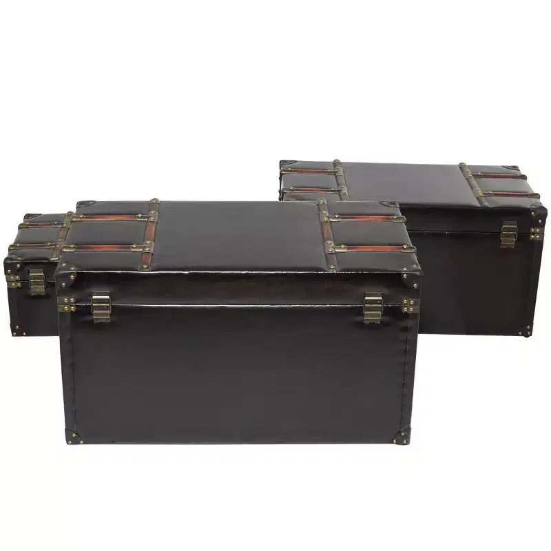 Baule da 3 Pezzi in Ecopelle Borchiato con Chiusure e Maniglie Marrone Scuro: Decorazione Tradizionale per Interni, Completamente Assemblato