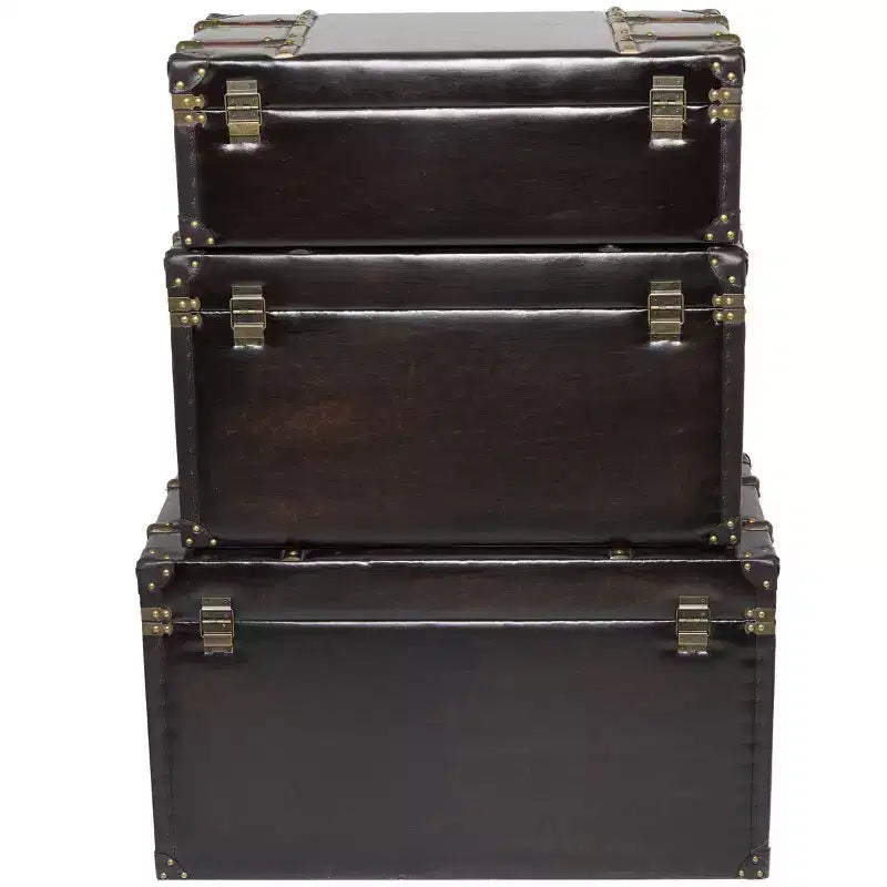 Baule da 3 Pezzi in Ecopelle Borchiato con Chiusure e Maniglie Marrone Scuro: Decorazione Tradizionale per Interni, Completamente Assemblato