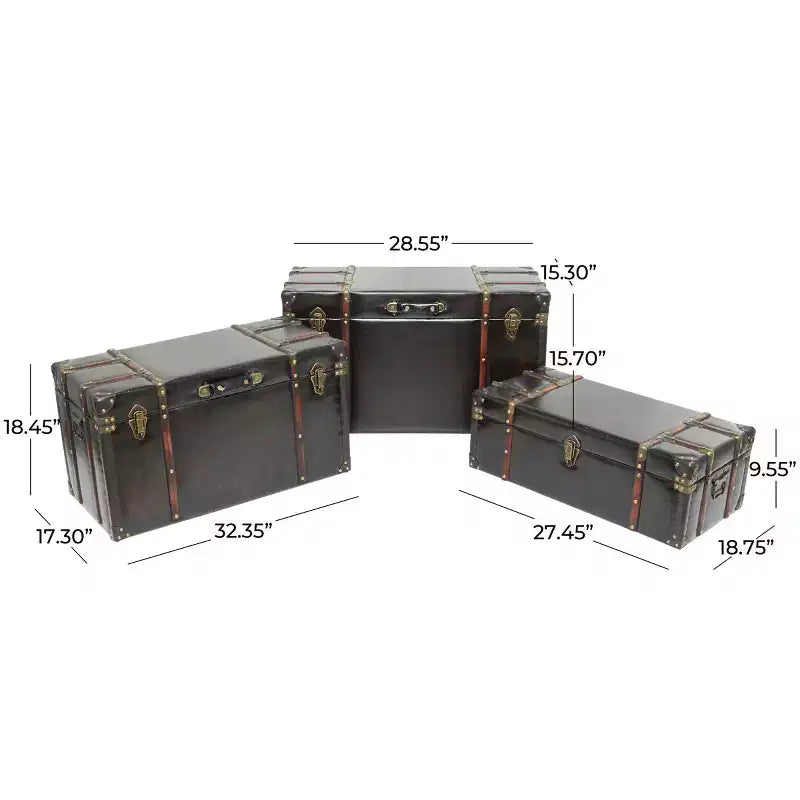 Baule da 3 Pezzi in Ecopelle Borchiato con Chiusure e Maniglie Marrone Scuro: Decorazione Tradizionale per Interni, Completamente Assemblato