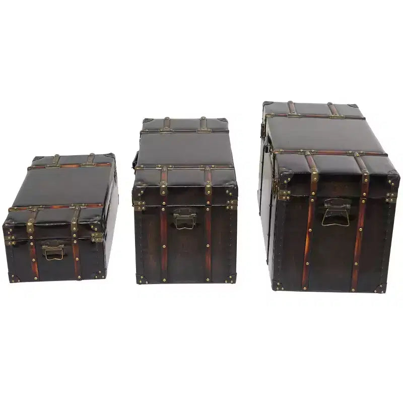 Baule da 3 Pezzi in Ecopelle Borchiato con Chiusure e Maniglie Marrone Scuro: Decorazione Tradizionale per Interni, Completamente Assemblato