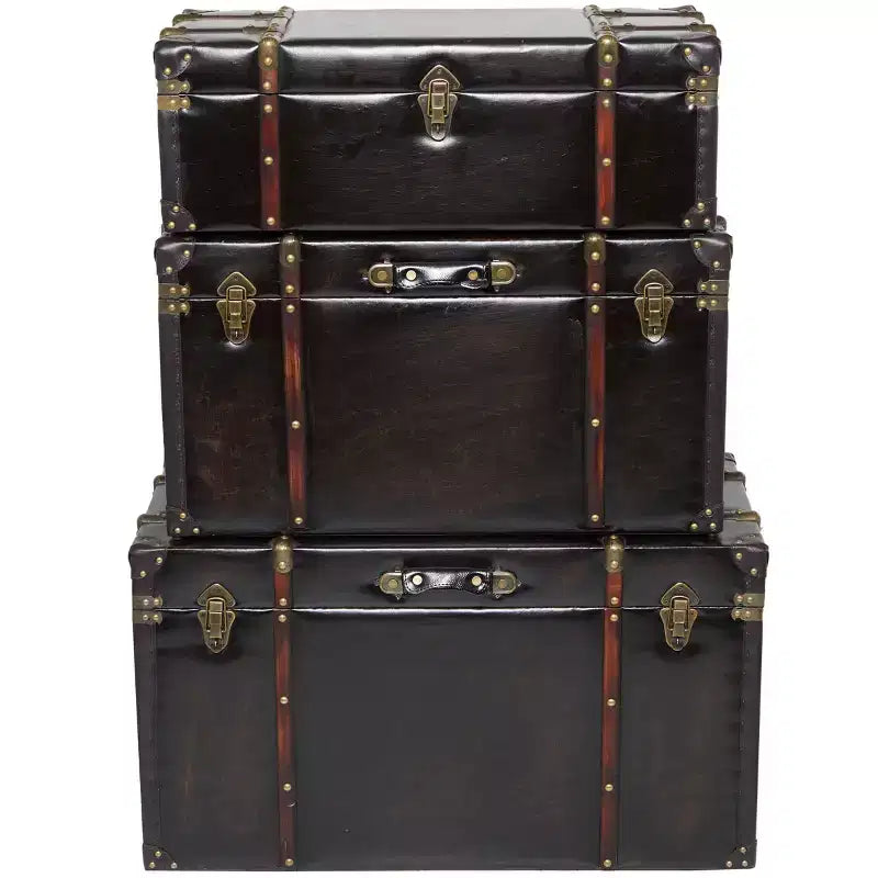Baule da 3 Pezzi in Ecopelle Borchiato con Chiusure e Maniglie Marrone Scuro: Decorazione Tradizionale per Interni, Completamente Assemblato