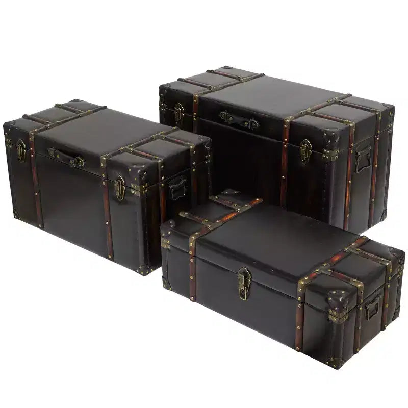 Baule da 3 Pezzi in Ecopelle Borchiato con Chiusure e Maniglie Marrone Scuro: Decorazione Tradizionale per Interni, Completamente Assemblato