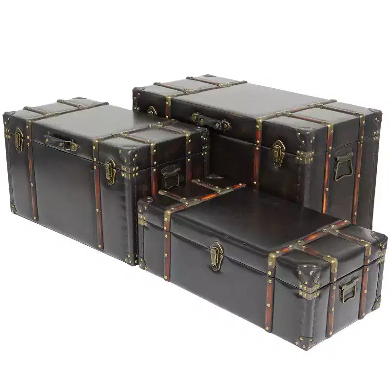 Baule da 3 Pezzi in Ecopelle Borchiato con Chiusure e Maniglie Marrone Scuro: Decorazione Tradizionale per Interni, Completamente Assemblato