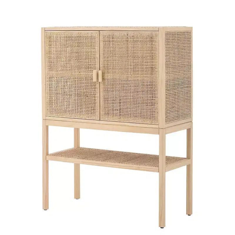 Mobile decorativo a 2 ante con ripiano, in rattan e pino, altezza 119 cm, colore naturale