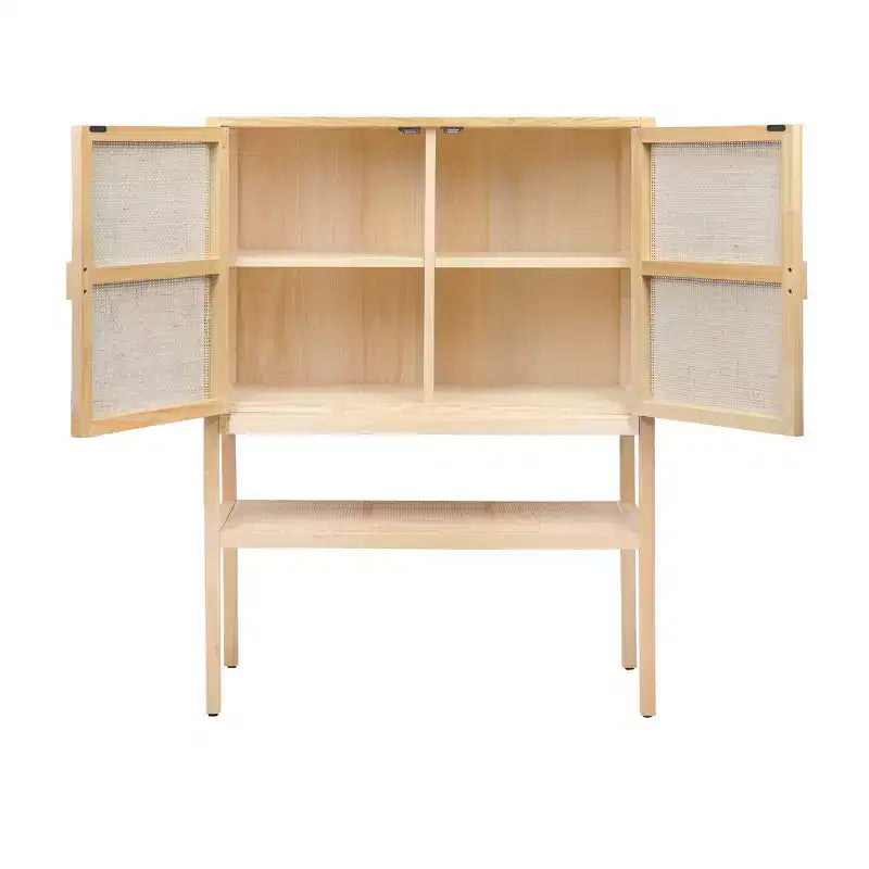 Mobile decorativo a 2 ante con ripiano, in rattan e pino, altezza 119 cm, colore naturale