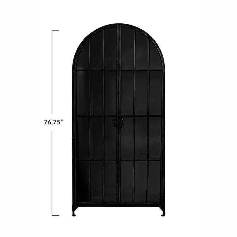 Armadietto Decorativo ad Arco da 193 cm Nero: Struttura in Ferro, Superficie in Vetro, Ripiani Fissi